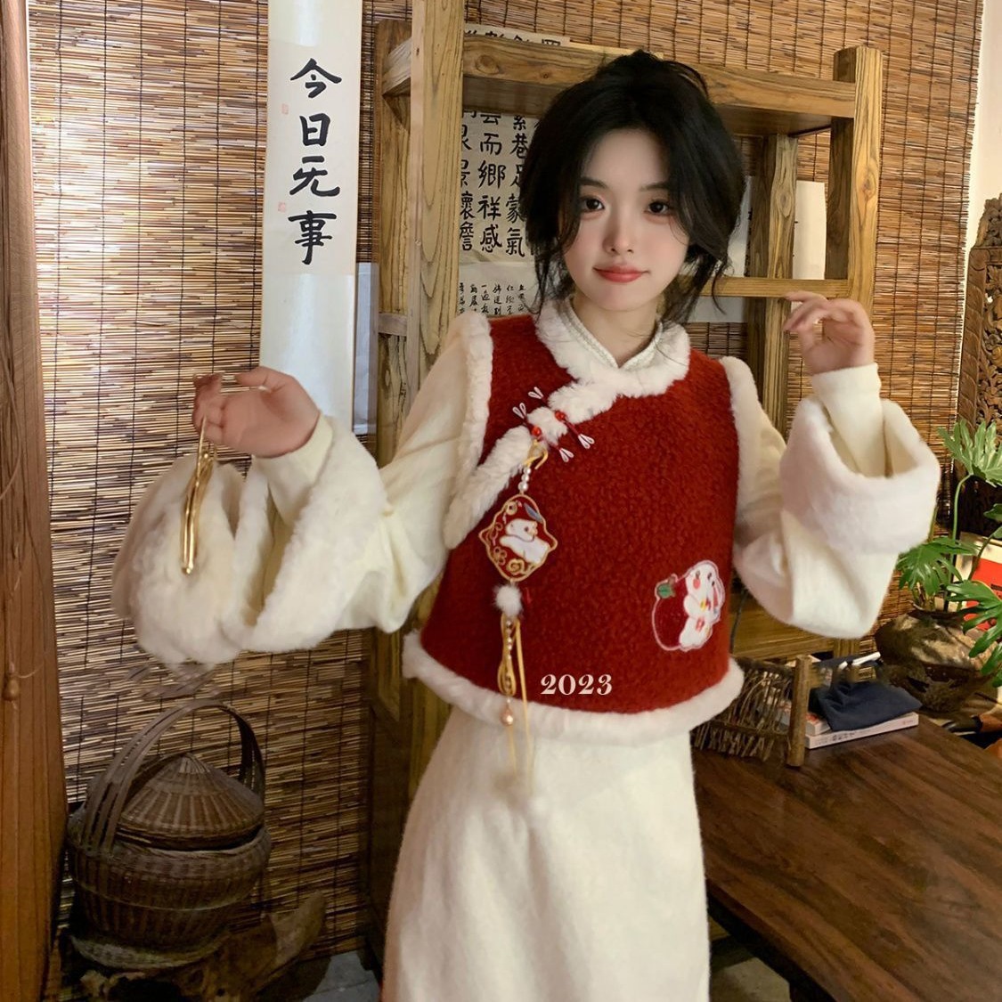 中式改良旗袍时尚连衣裙女秋冬毛毛保暖马甲套装新春款拜年服