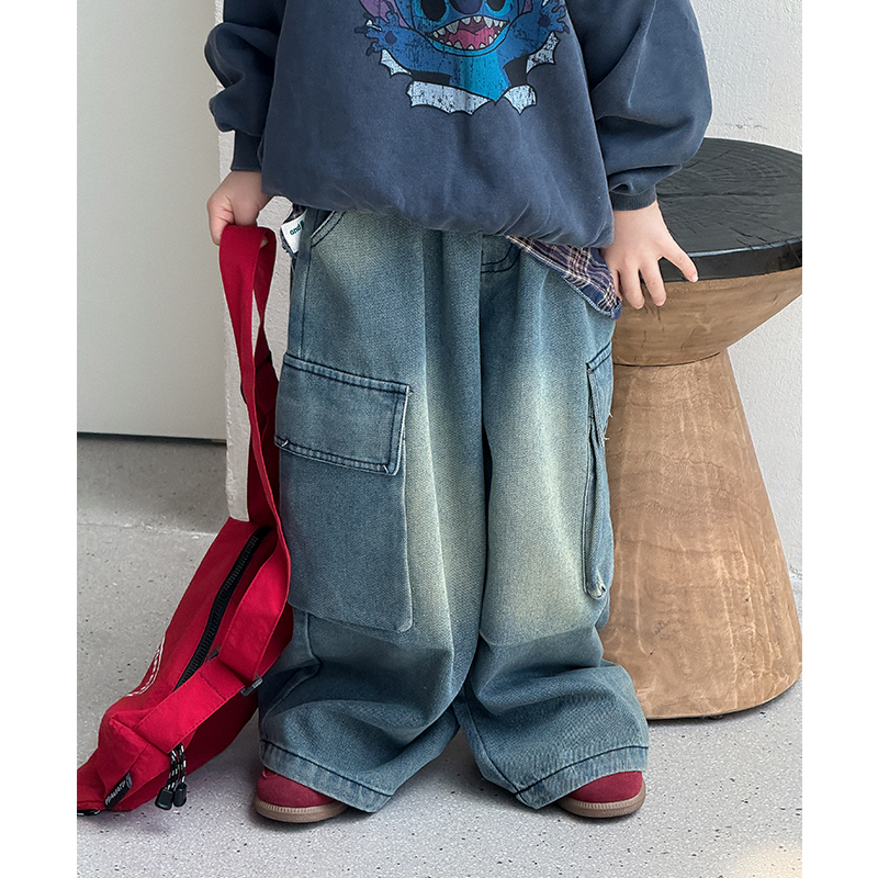 甜妈家童装 新品秋装儿童宽松工装牛仔裤男女童韩版水洗色直筒裤