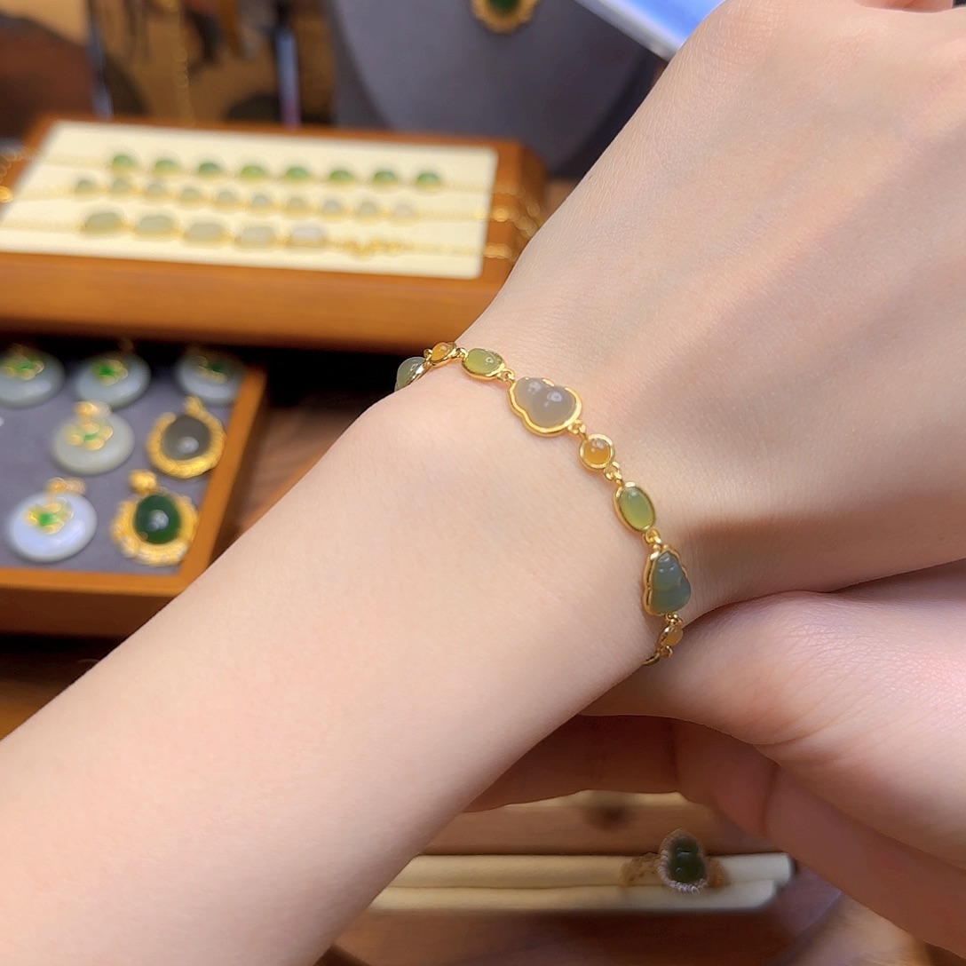 和田玉手链银S925镀金镶嵌