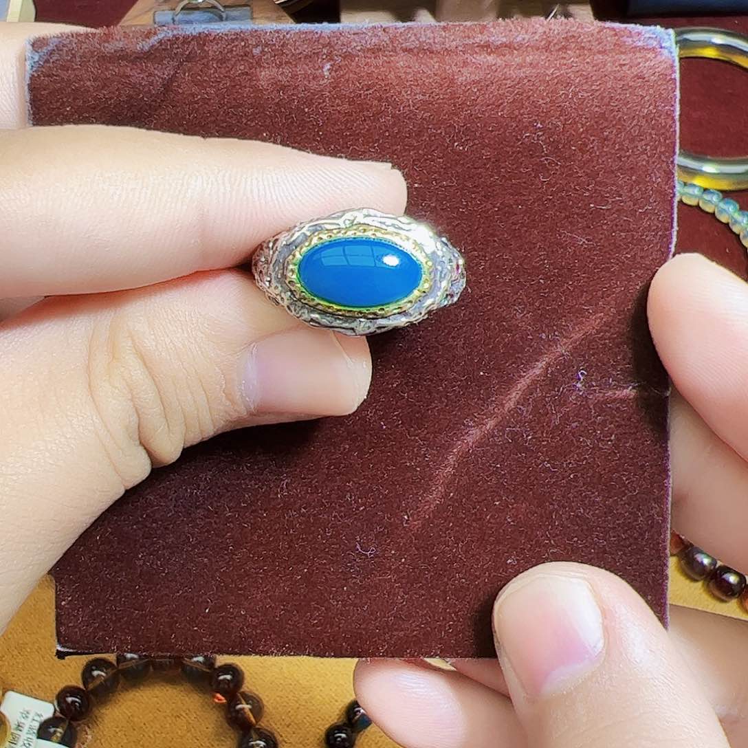 蓝珀珠宝奇石银S925镶嵌多米戒指密银