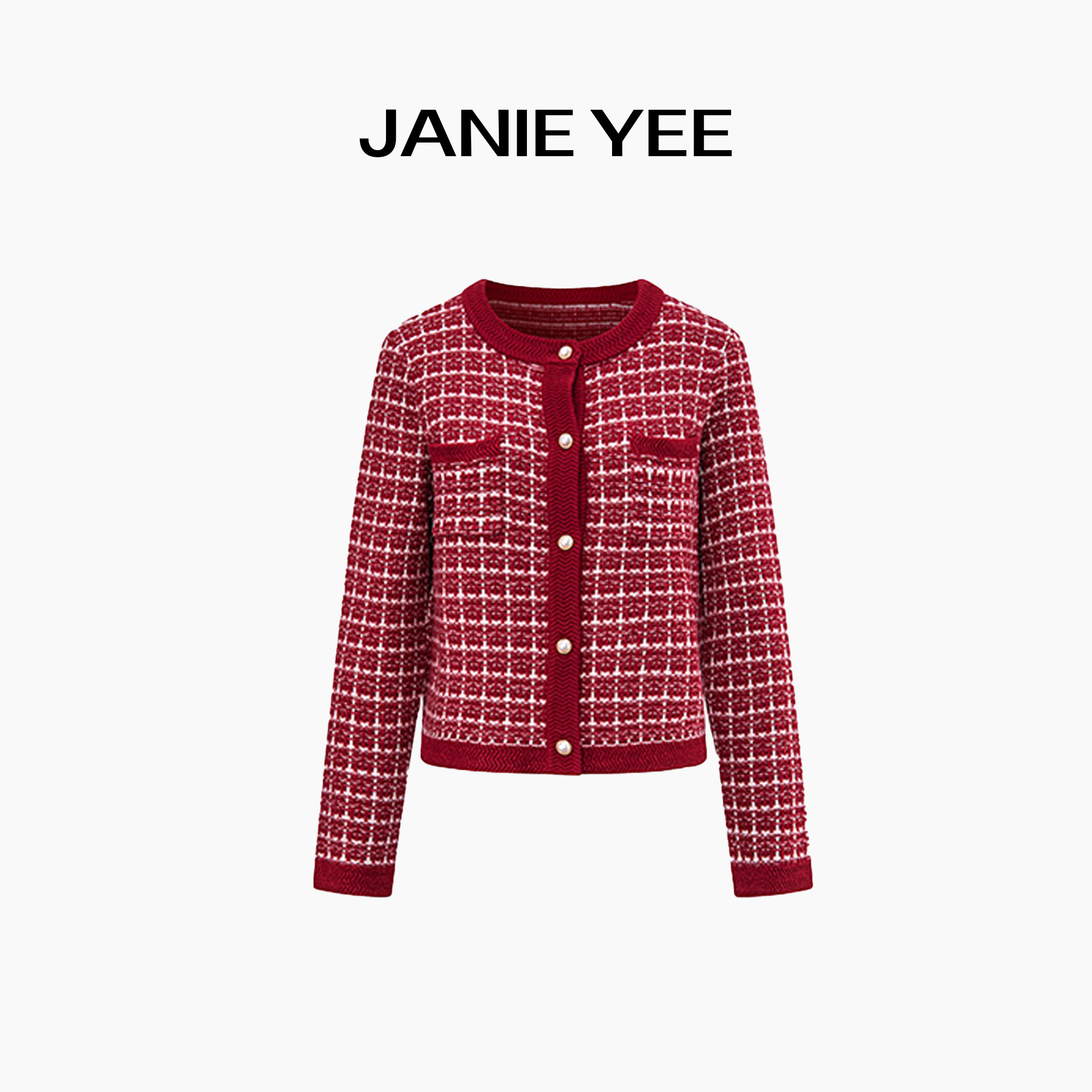 Janie Yee羊毛香风针织杉 短款格纹秋季撞色气质 23AW02-0007