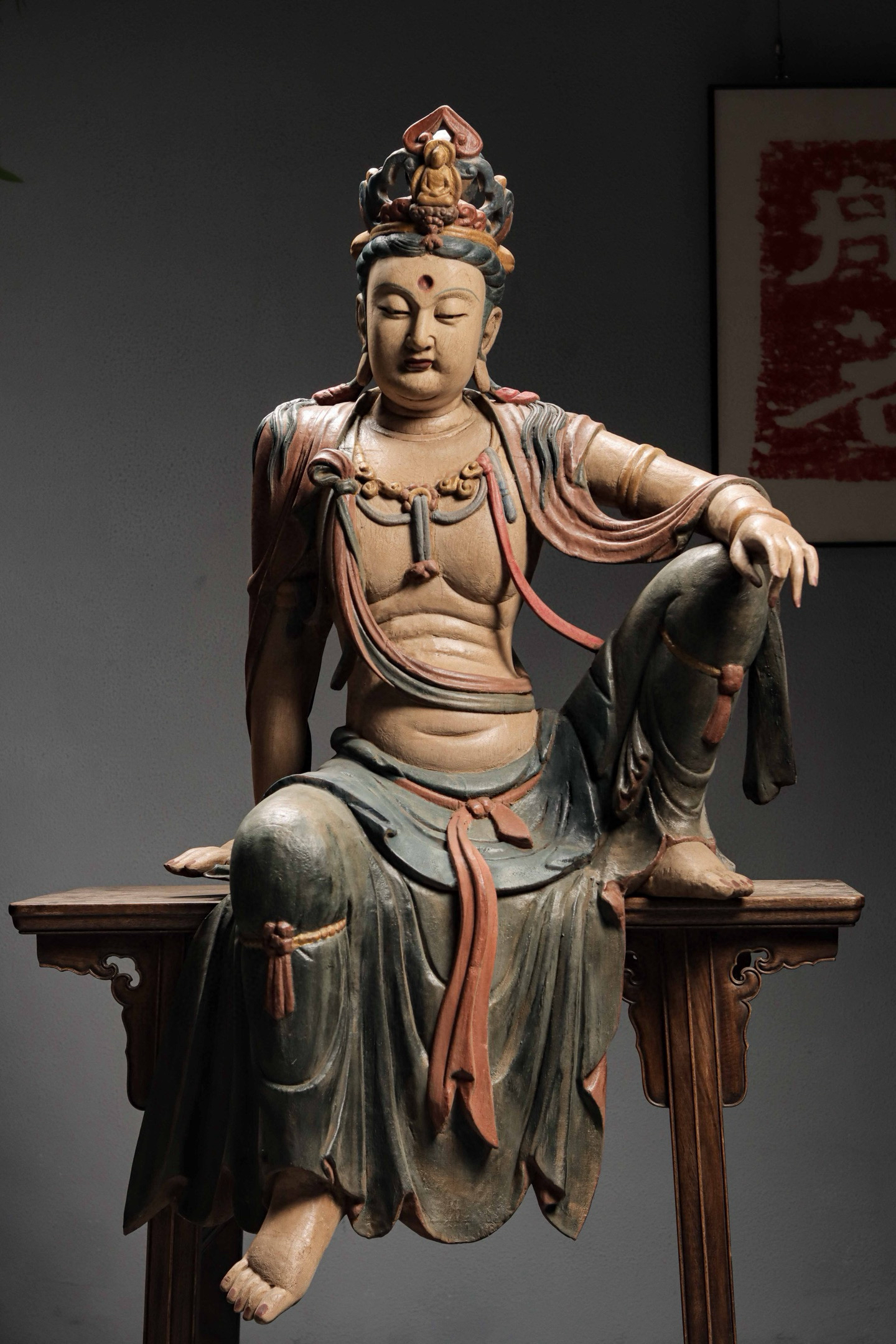 不包邮 木雕彩绘自在观音造像高118宽65厚45cm居家装饰摆件