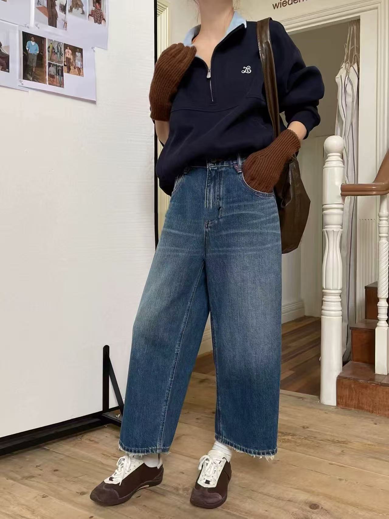 SU【328】代85  愫真牛仔裤女早秋森调高腰无弹阔腿九分弯刀裤