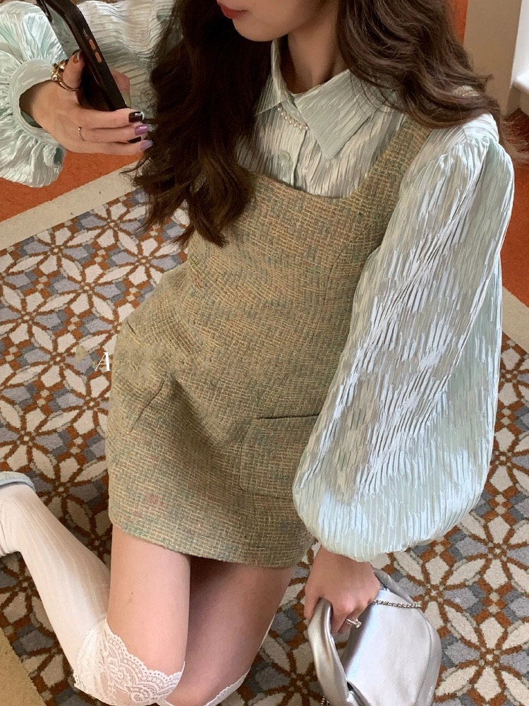 【绿野仙踪】初春 法式小香风吊带高级感背心连衣裙+湖绿流光打底衫