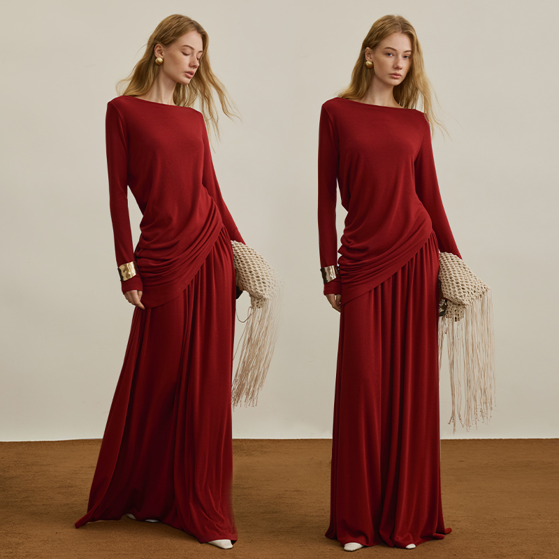 AEL原创天丝羊毛时尚套装裙2025秋季红色不对称两件套AS5CA646