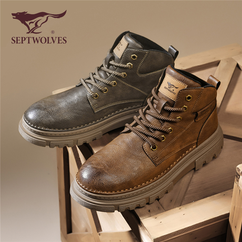 七匹狼马丁靴男2025秋秋沙漠短靴子男士复古英伦工装高帮皮鞋0004
