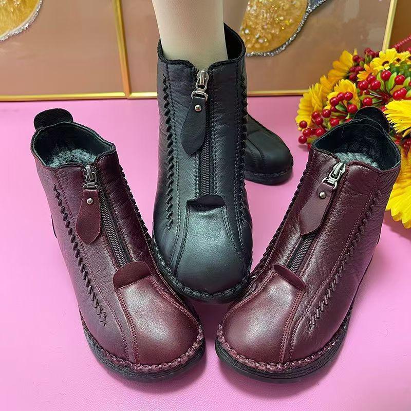 老北京棉鞋獭兔毛短靴女冬季加绒防寒保暖妈妈鞋牛筋软底防滑鞋子