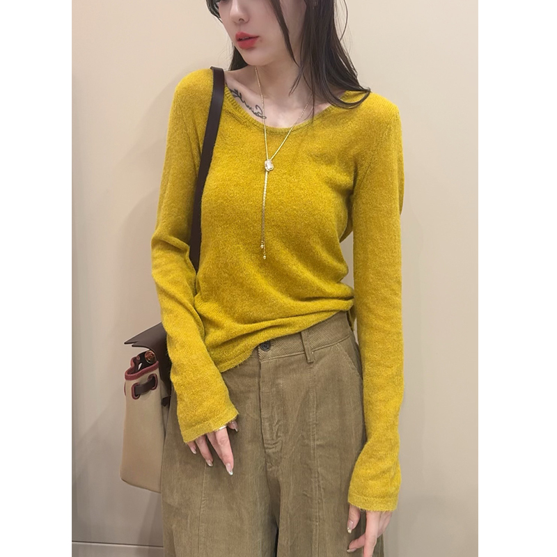 【桶哥欧韩】直筒偏修身马海毛毛衣女秋冬低U领开口长袖打底针织衫