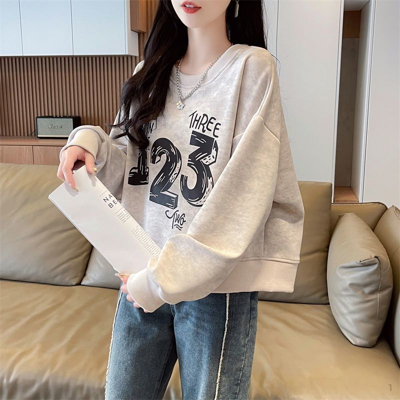 新款包邮【专柜撤柜】小个子短款卫衣女春秋薄款宽松韩版洋气圆领慵