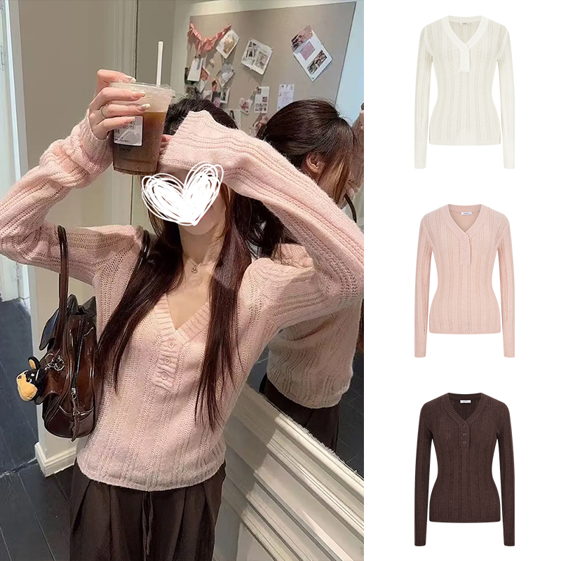 【运补6-8米】魔西女王韩系甜美粉色V领长袖针织衫修身显瘦上衣