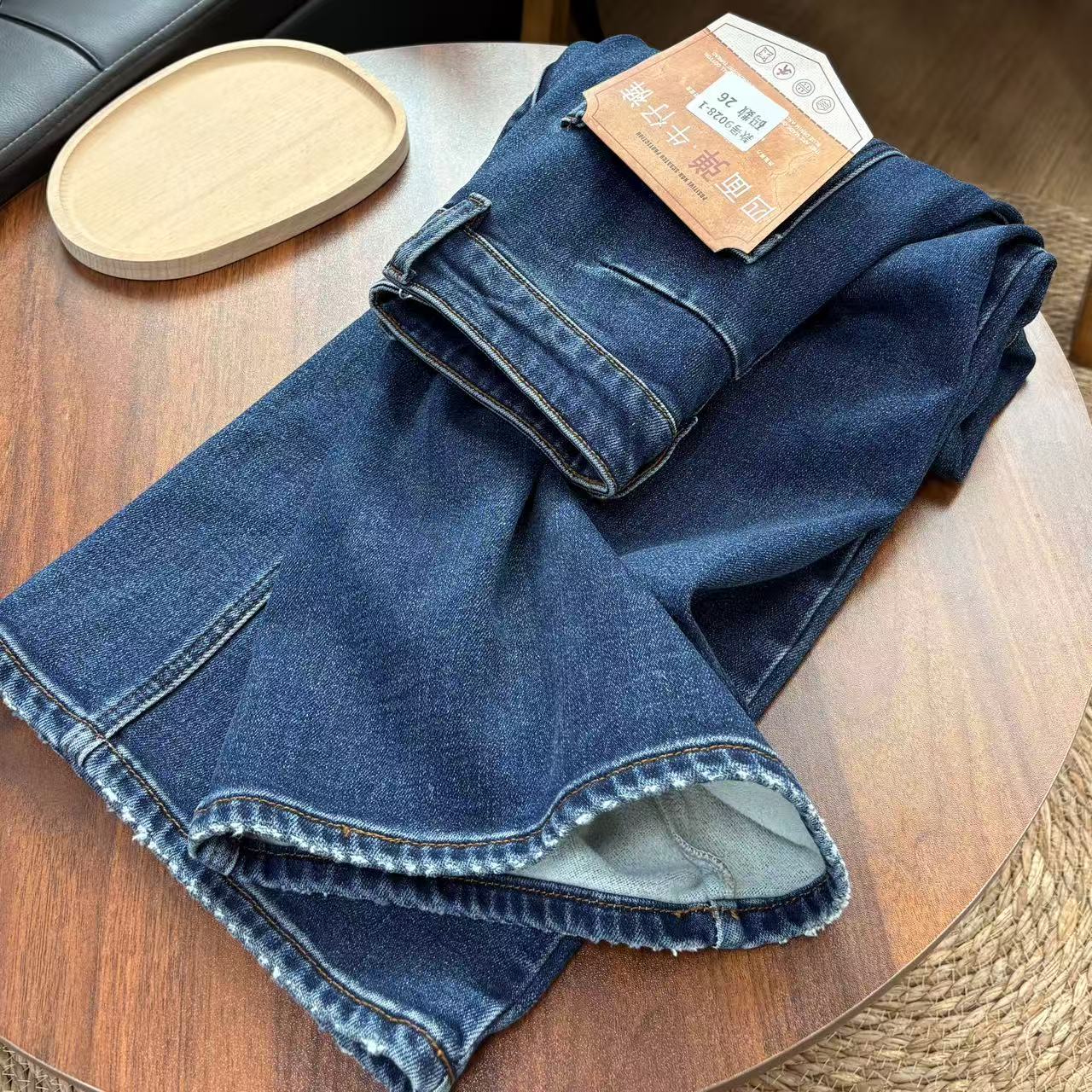 【四面弹瘦瘦线牛仔裤】植绒设计感复古直筒牛仔裤苋 20101(9028-1)