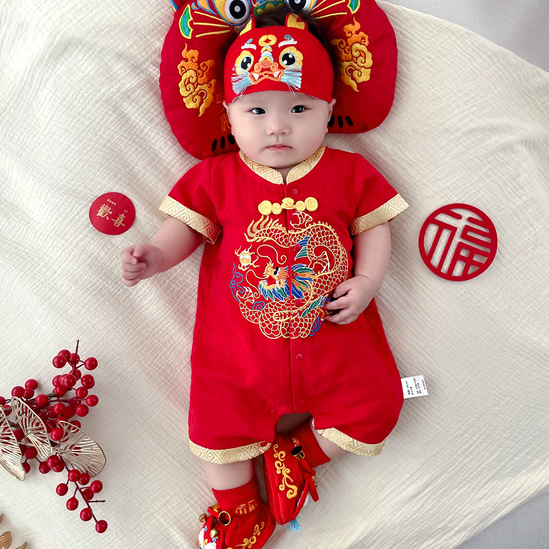 新款蛇年短袖连体衣婴儿夏季哈衣爬服男女满月百天周岁服抓周6283