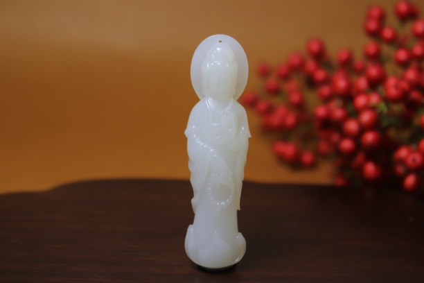 【瑜明堂】高品质和田白玉立体莲花观音挂件大气