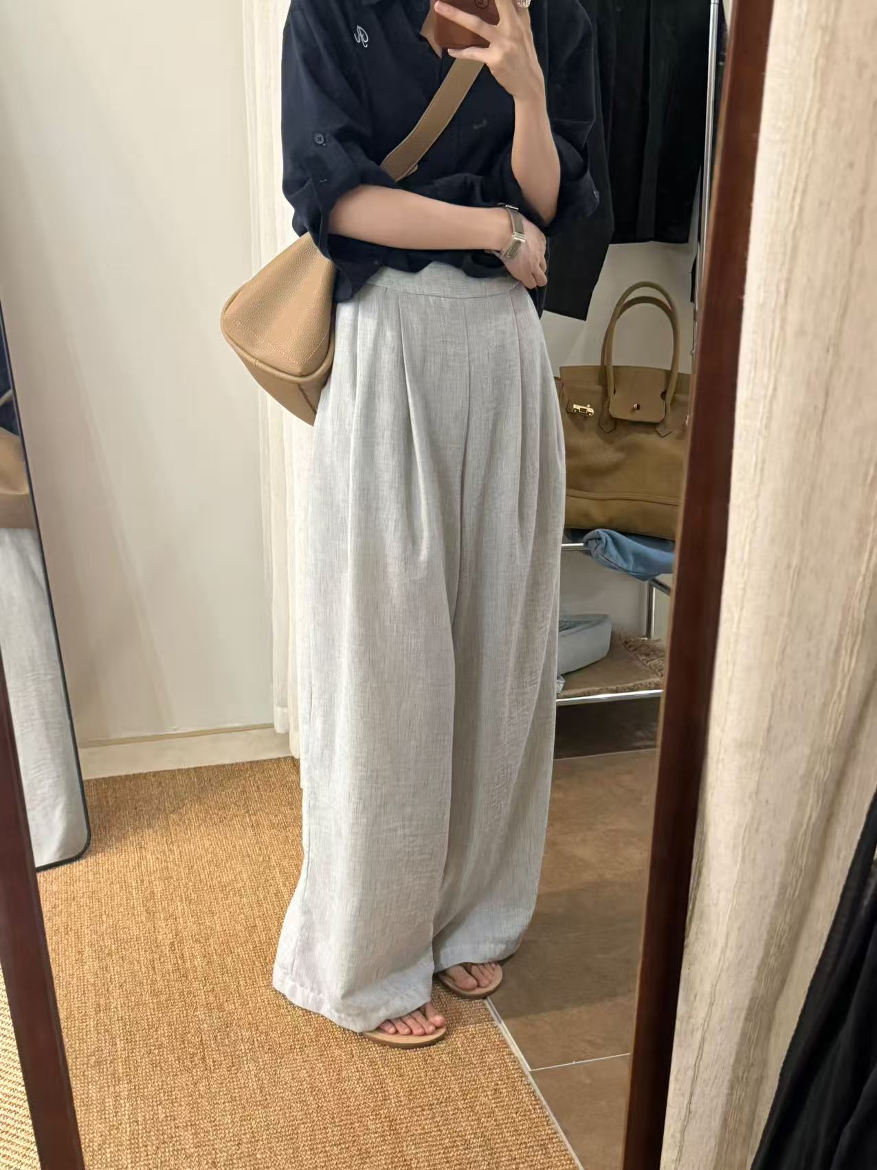 Peach自制 有调性的休闲老钱风 高级褶皱肌理感直筒阔腿裤10267-1