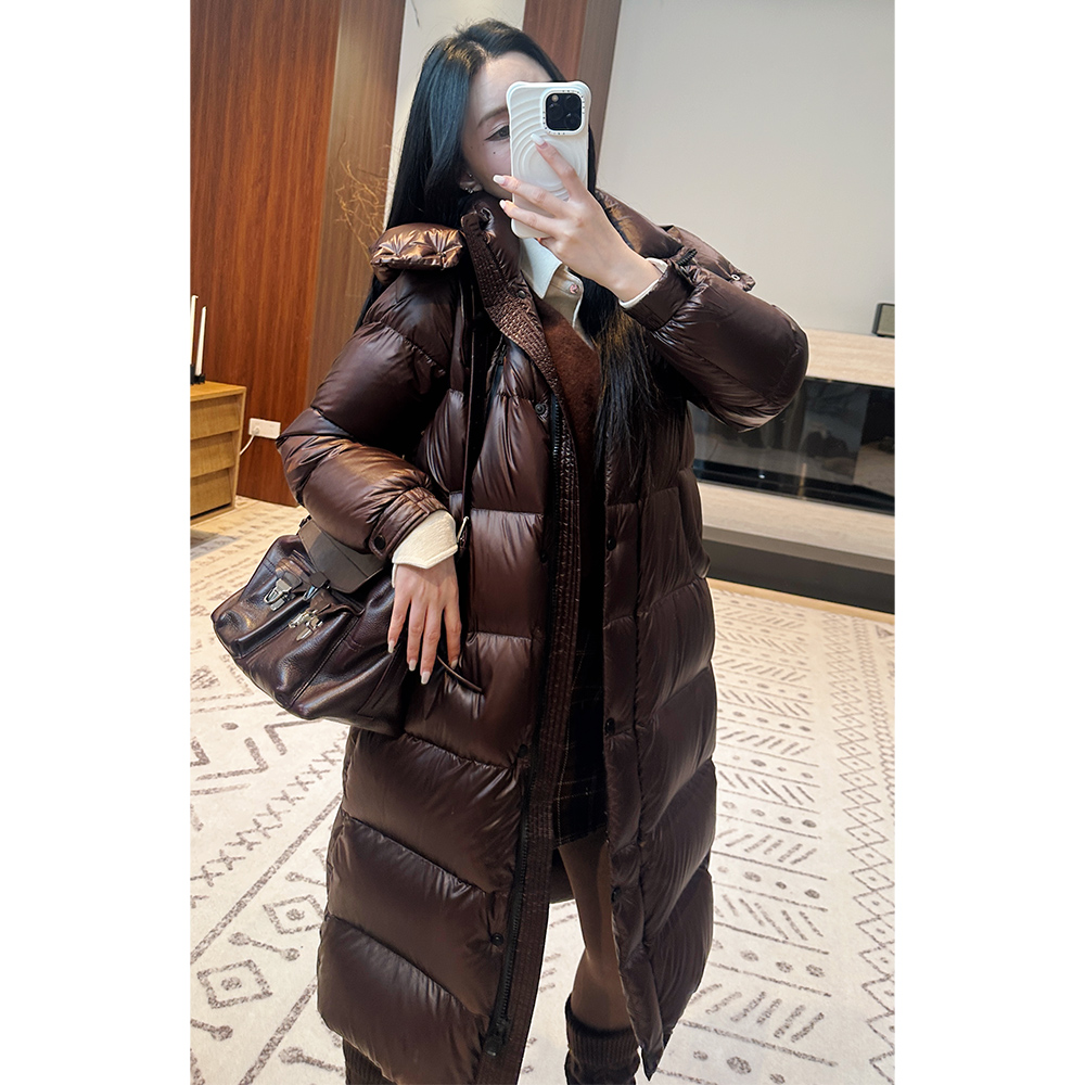 菠萝宝宝yuna【加倍温暖】90白鹅绒红咖色连帽长款高充绒羽绒服YK22