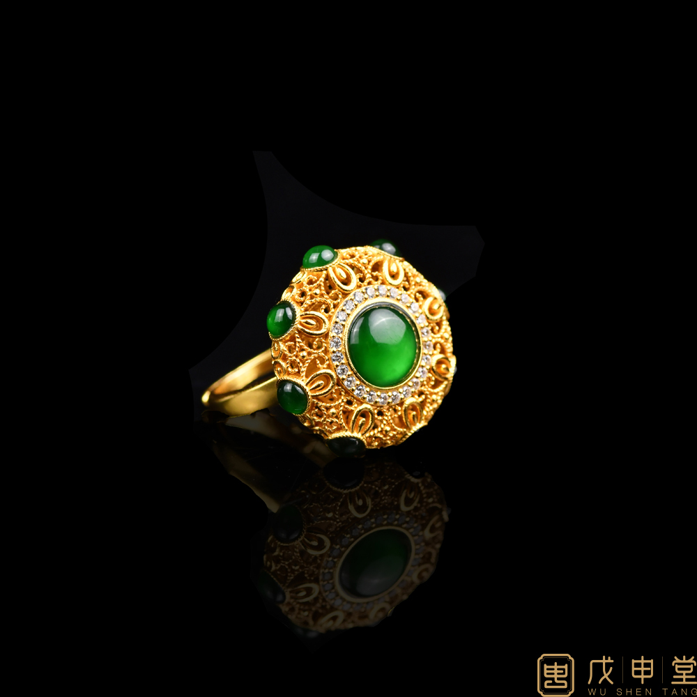 戊申堂【星月】翡翠蛋面戒指优雅复古气质 国风珠宝