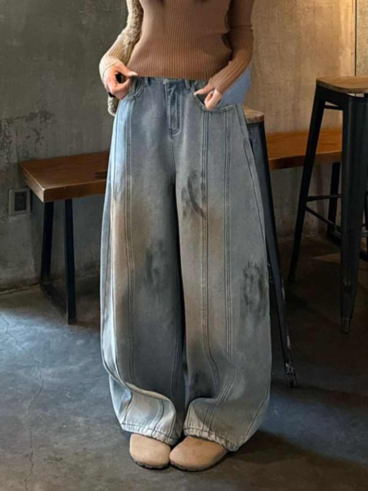 美式复古设计感做旧脏扎染牛仔裤子女辣妹宽松水洗解构拖地弯刀裤