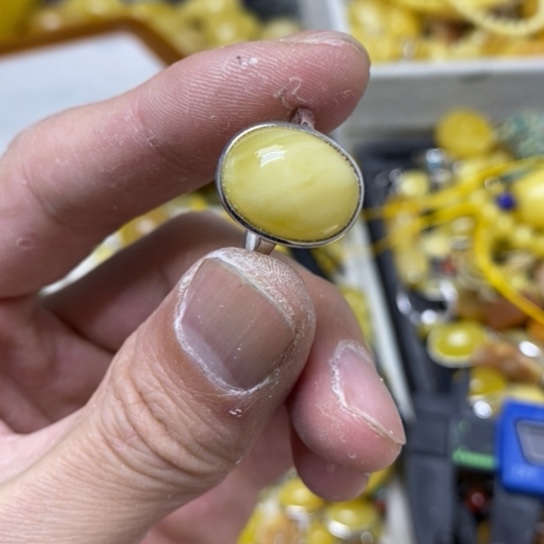 蜜蜡裸石银S925镶嵌戒指