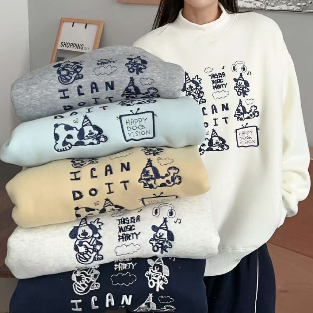  半高领 羊羔绒 加绒加厚卫衣 胸前卡通刺绣 保暖显瘦