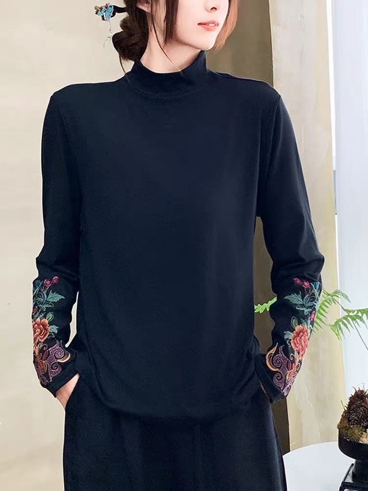 秋冬新款民族风时尚长袖刺绣女百搭中国风网红常规打底衫099