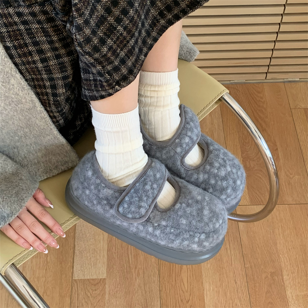 冬季时尚休闲玛丽珍学生豆豆鞋魔术贴棉鞋女户外穿防滑厚底毛毛鞋