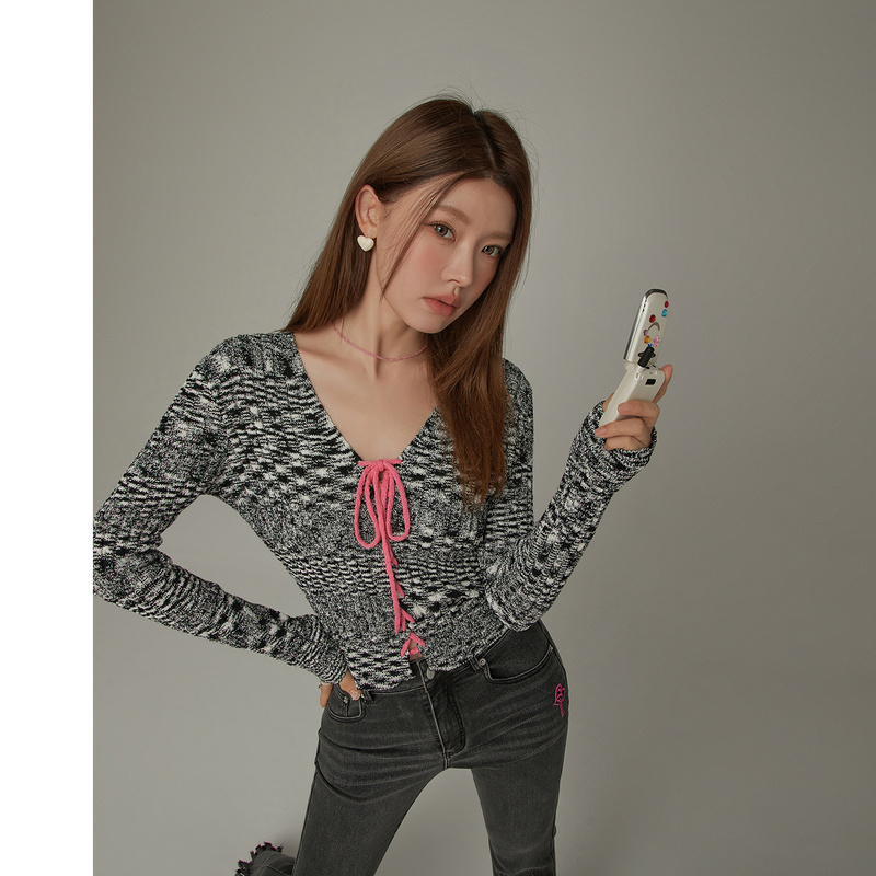 H004【金拐子专属】CHUU抽绳设计扎染渐变洋气辣妹修身针织衫-F
