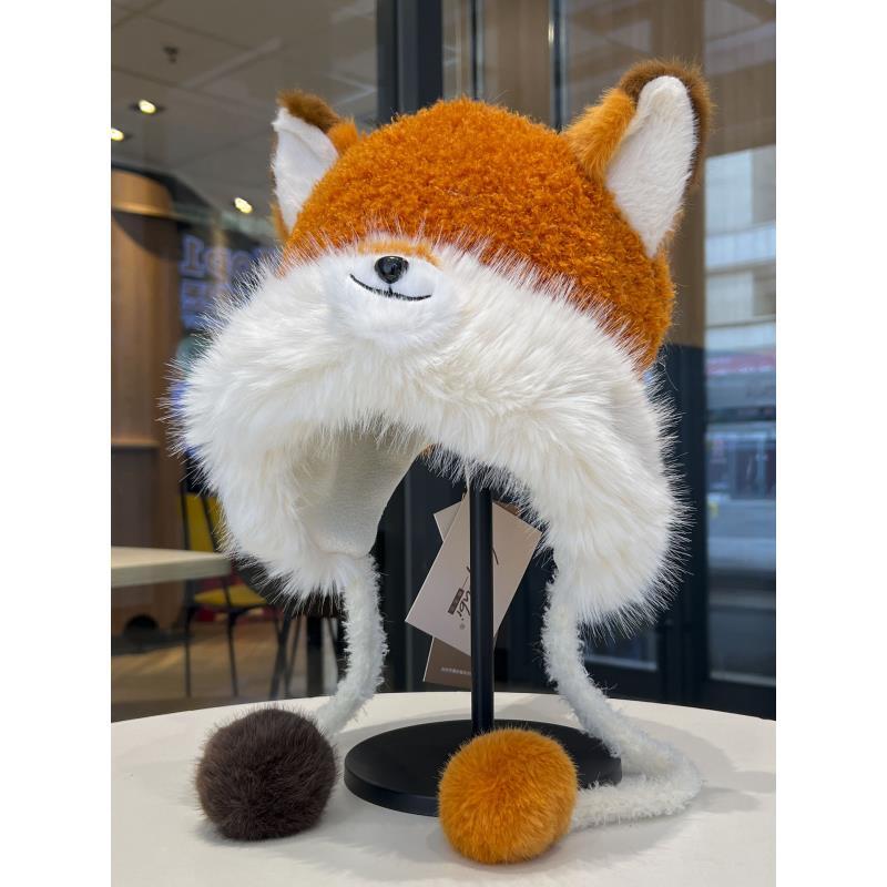 可爱火狐保暖帽毛绒帽子女冬季加绒保暖显脸小防寒帽子女秋冬