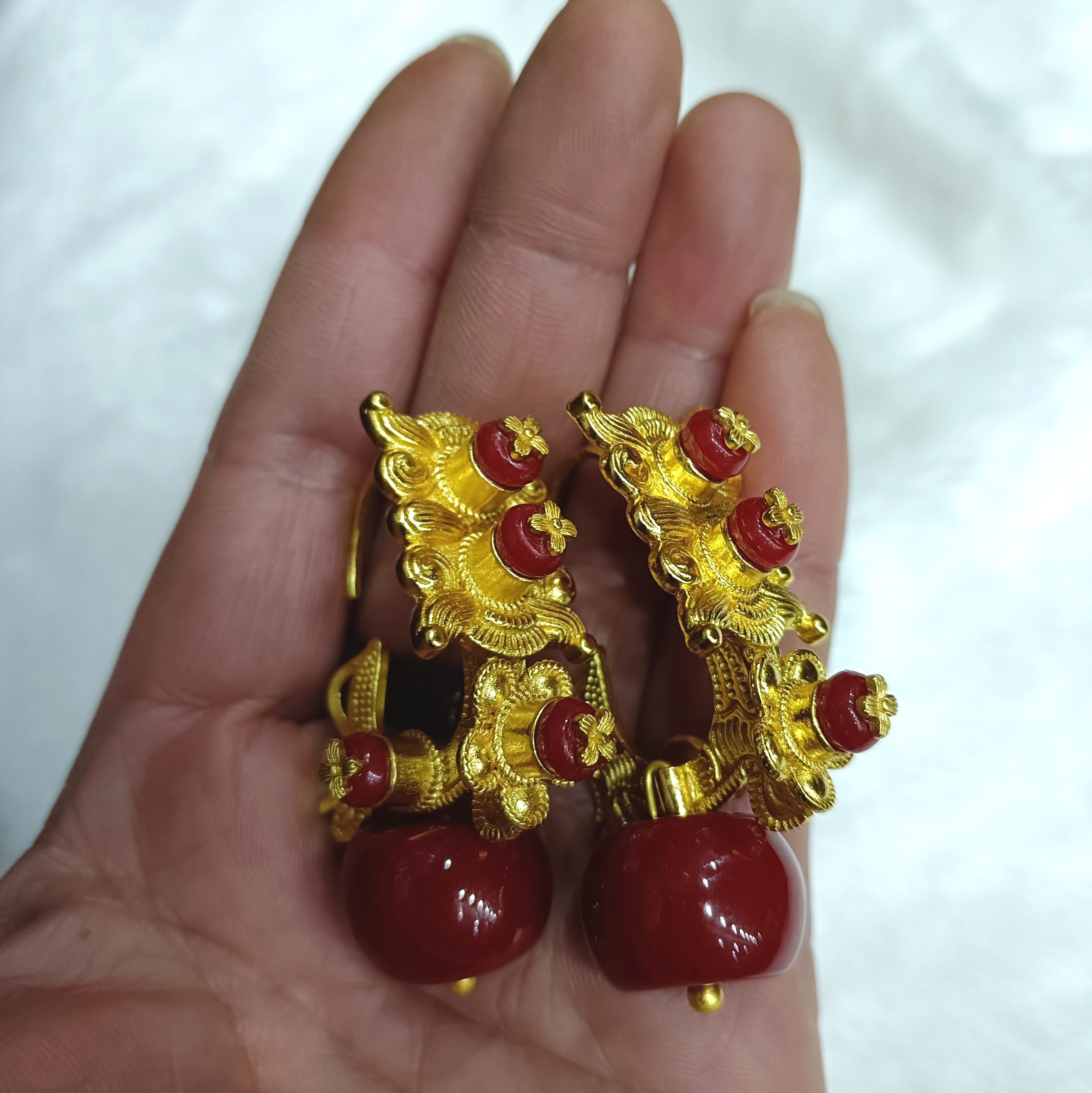 铜合金亚克力耳饰 藏族耳环大号时尚古典气质百搭红色耳饰