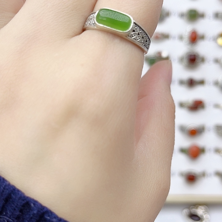 和田玉戒指银S925镶嵌天然