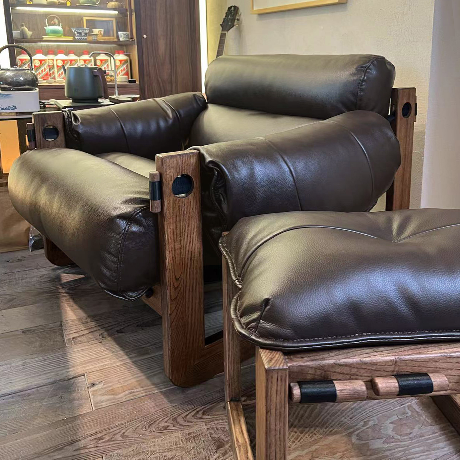 中古风泽西岛椅单人沙发椅牛皮复古真皮家用客厅实木懒人休闲躺椅