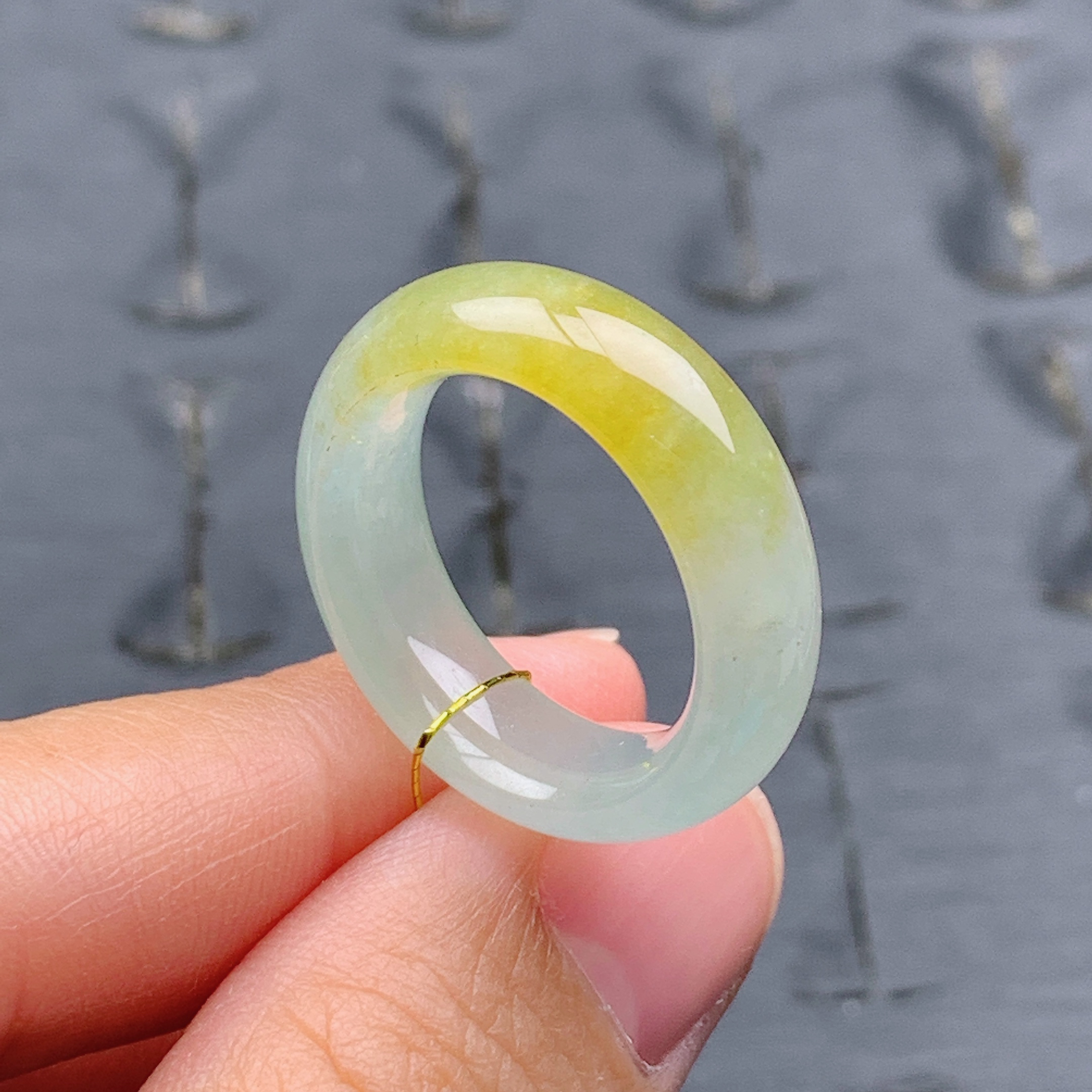 15.16号缅甸天然A货翡翠T523内径17.6/6.6/4mm冰胶半山水黄翡戒指