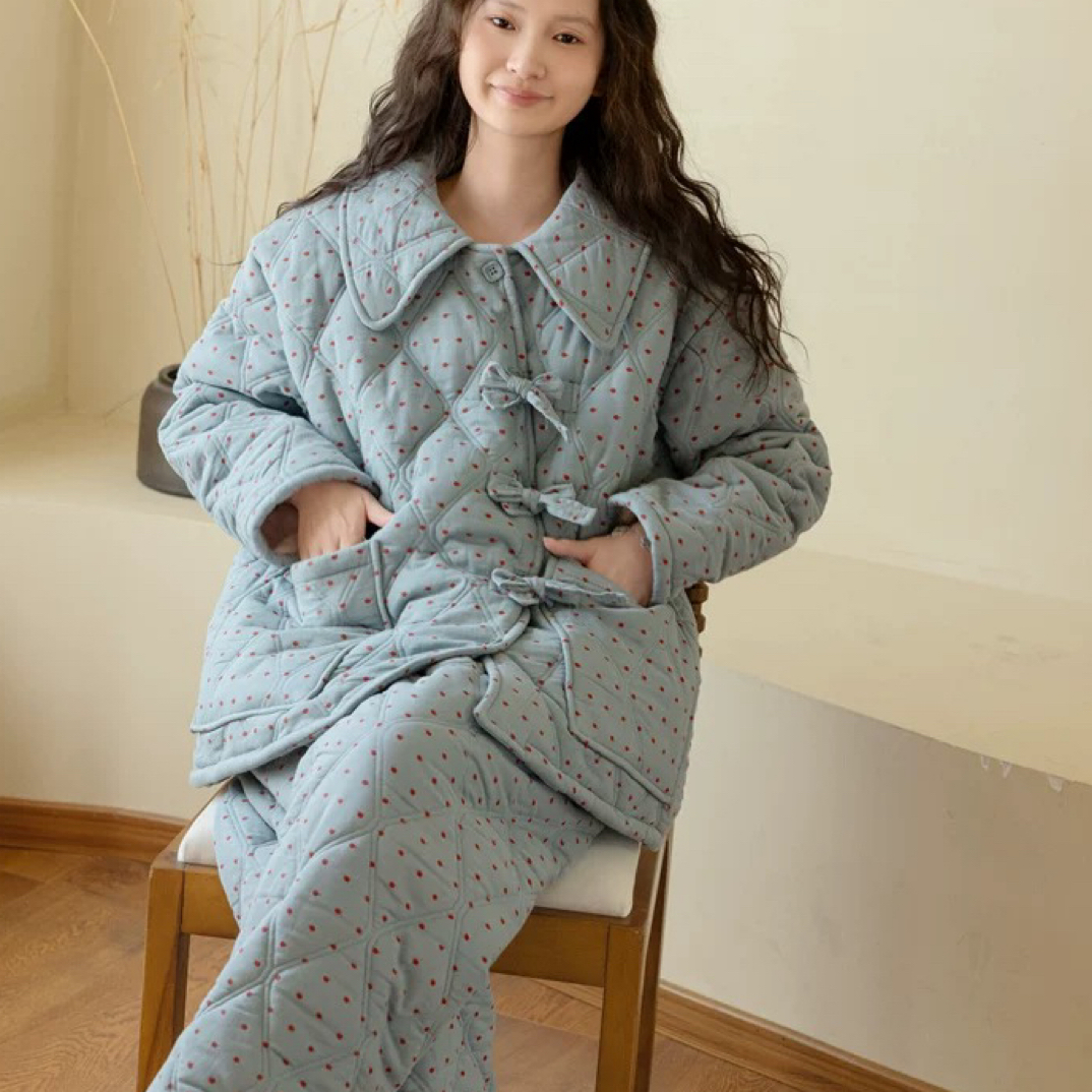 族玛士女士秋冬季三层夹棉宽松加厚加绒保暖蓝色波点睡衣家居服