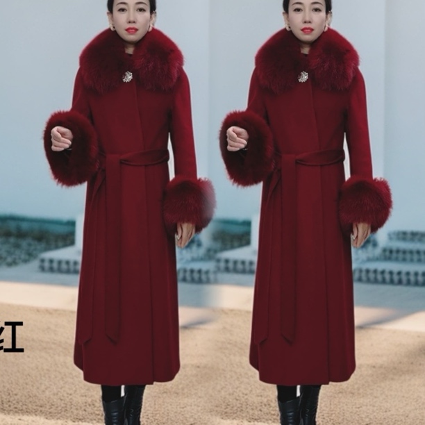 520双面羊毛(内胆90白鸭绒可拆卸 )收腰显瘦加长大衣（衣长1.2米）