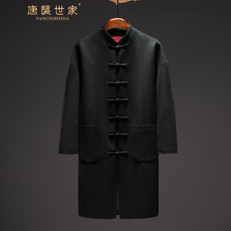 唐袭世家唐装男中老年冬季长款羊毛尼盘扣大衣中式立领休闲中国风