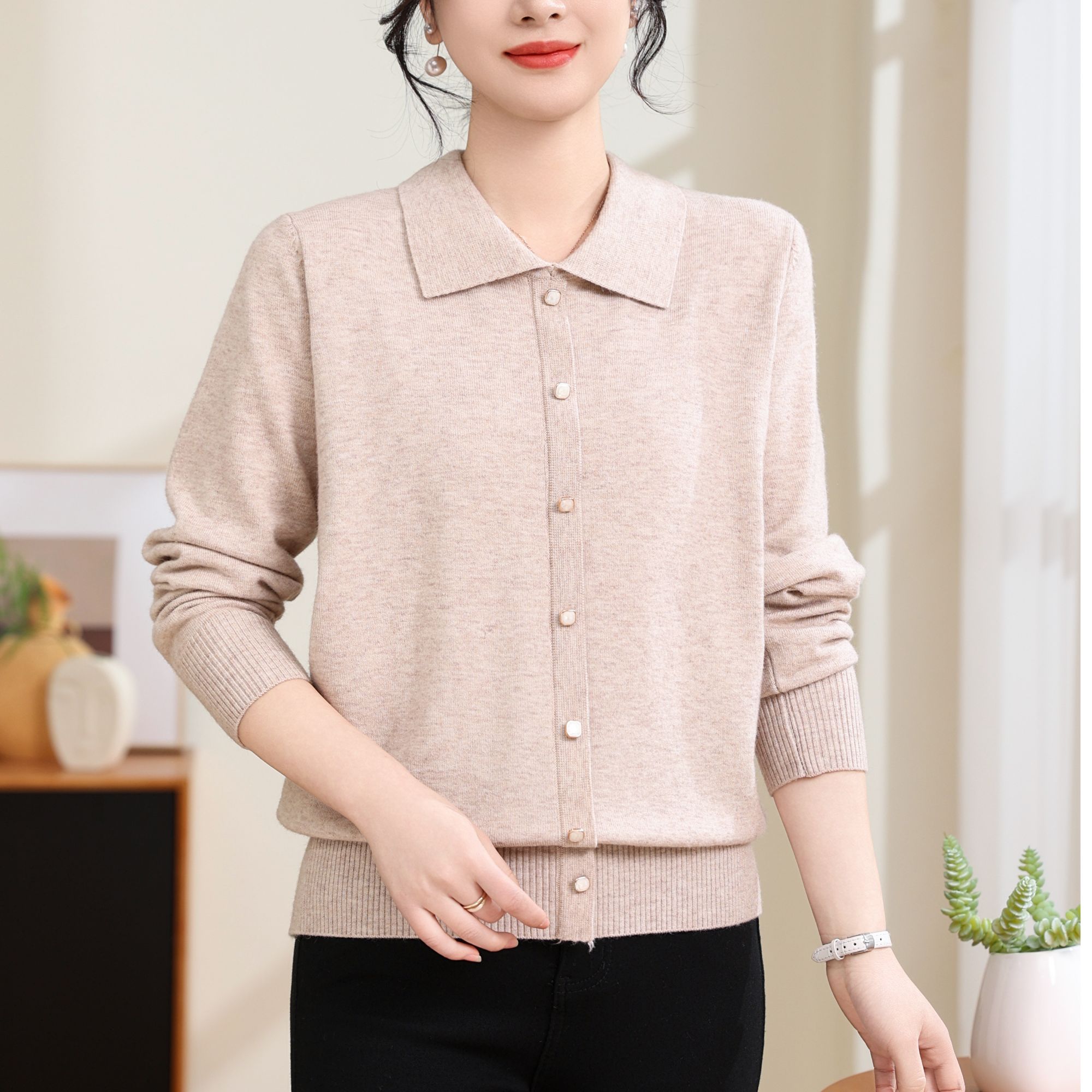 打底春秋新款针织衬衫开衫POLO时尚翻领毛衣1769