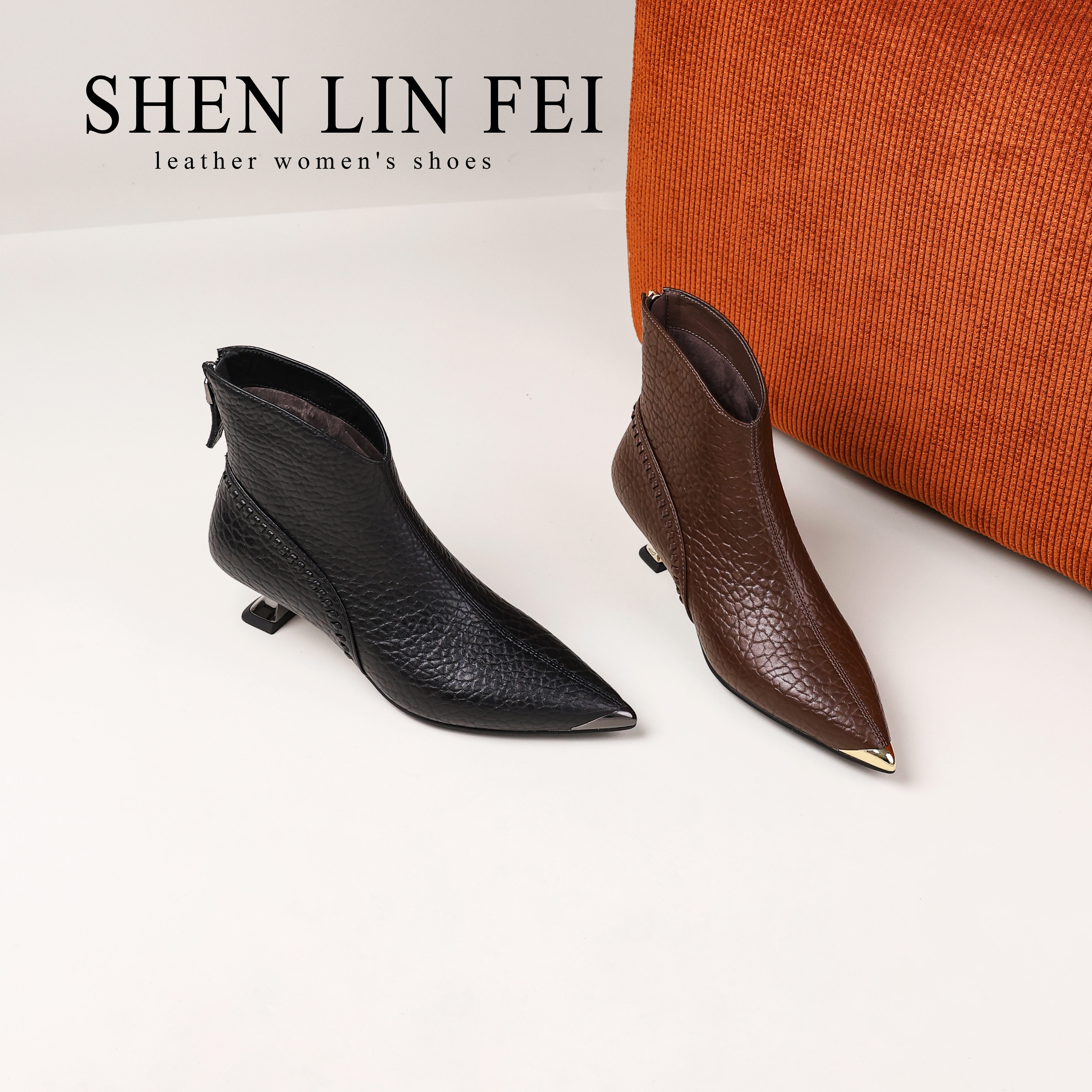 圣琳妃/牛皮/3CM秋冬新款压花尖头时尚短靴女真皮百搭女靴D20932