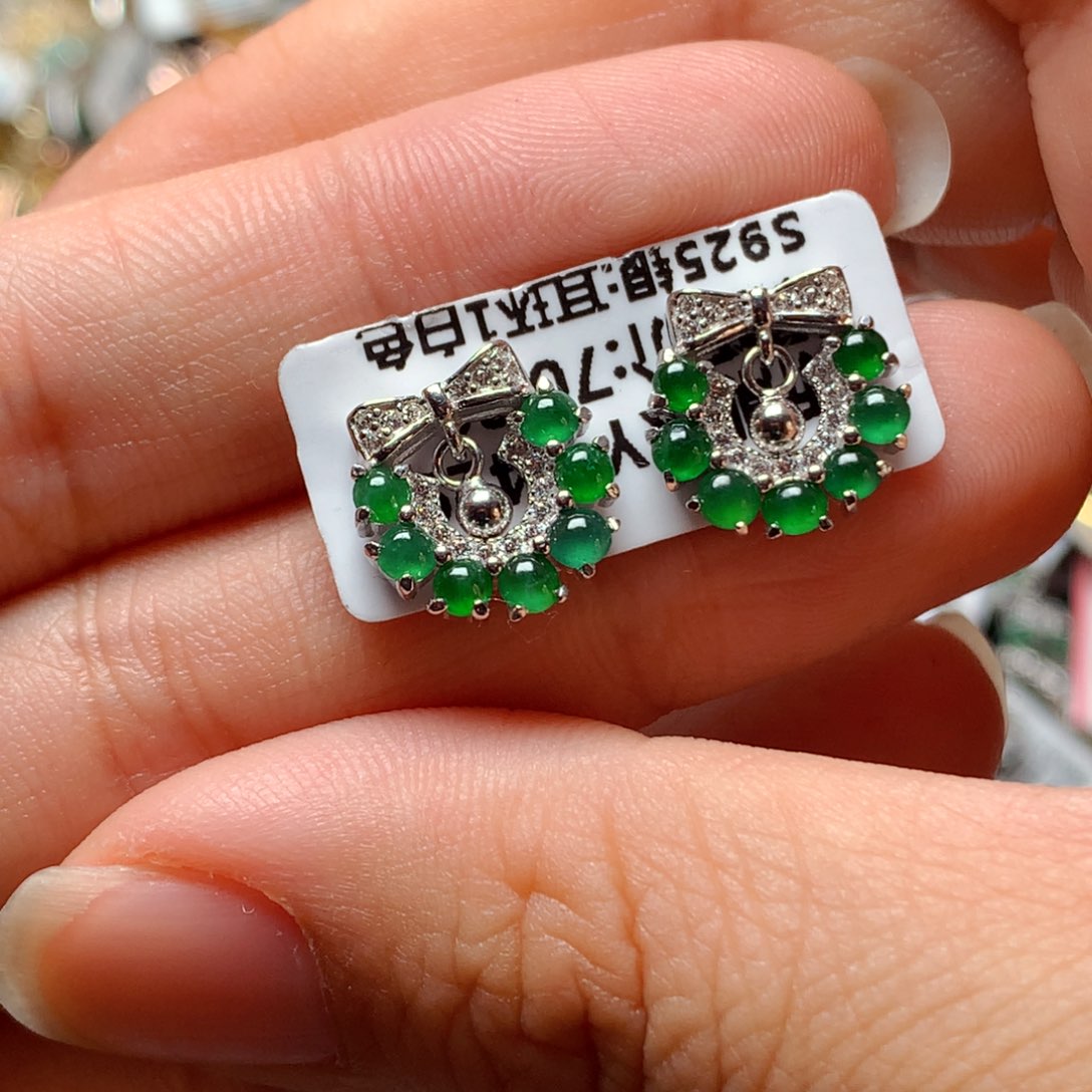 翡翠戒指银S925镶嵌天然翡翠耳饰