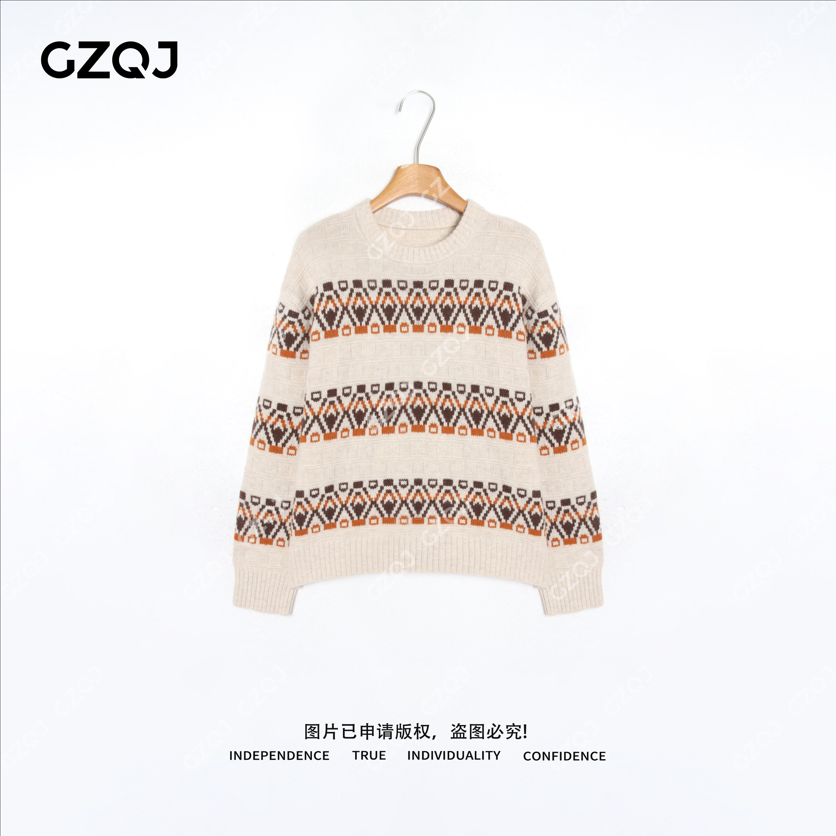 老琴私服【松针落绒】绵羊毛兔毛费尔岛针织毛衣时尚女冬新款 7060