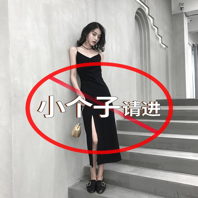 春夏小个子复古温柔风性感吊带小黑裙长裙女气质高腰显瘦开叉裙子
