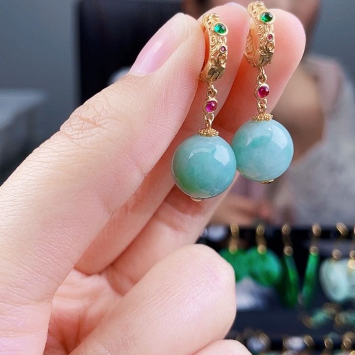 翡翠耳饰银S925镶嵌饰品