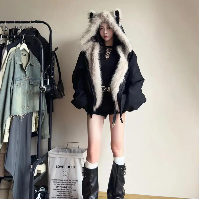 座山雕毛茸茸毛领棉服外套男女加绒加厚夹克美式cleanfit冬季棉衣