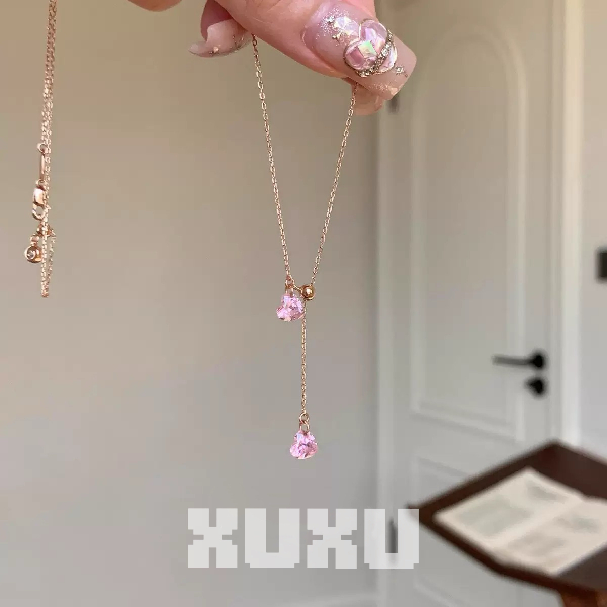 铜锆石吊坠 XUXU/日系精致玫瑰金细链双粉闪钻爱心吊坠抽拉项链