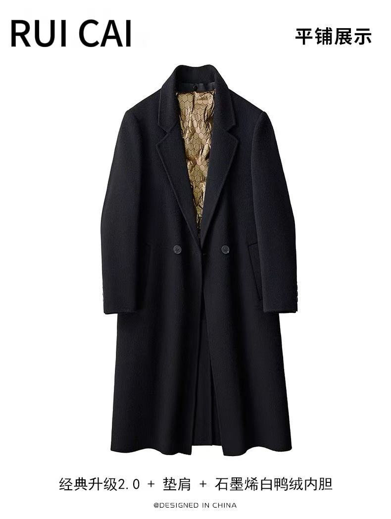 RUI CAI100%进口羊毛加绒加厚中长款石墨烯男士毛呢大衣