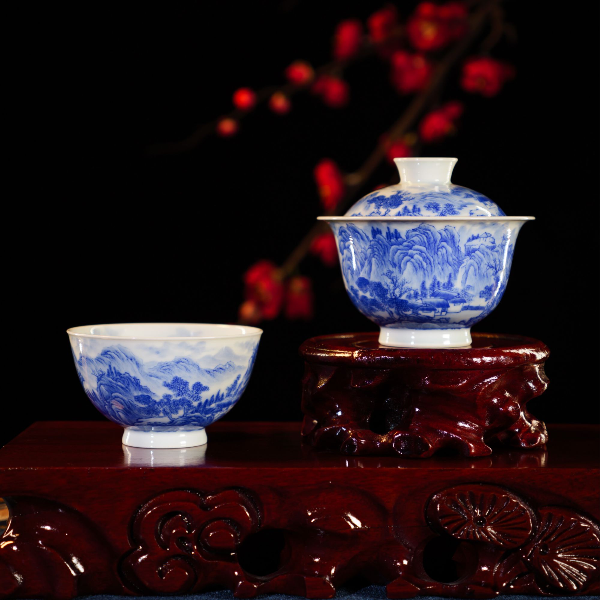 禄意窑青花山水盖碗碗杯主人景德镇陶瓷茶具中式釉下彩