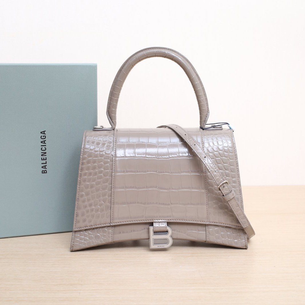 95新 Balenciaga/巴黎世家 攀攀. 沙漏 M码 鳄鱼压纹 灰色 皮革C