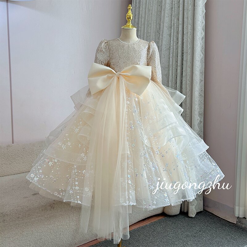 【金枝玉叶】香槟闪亮长款秋冬高端走秀洋气女孩主持人钢琴礼服