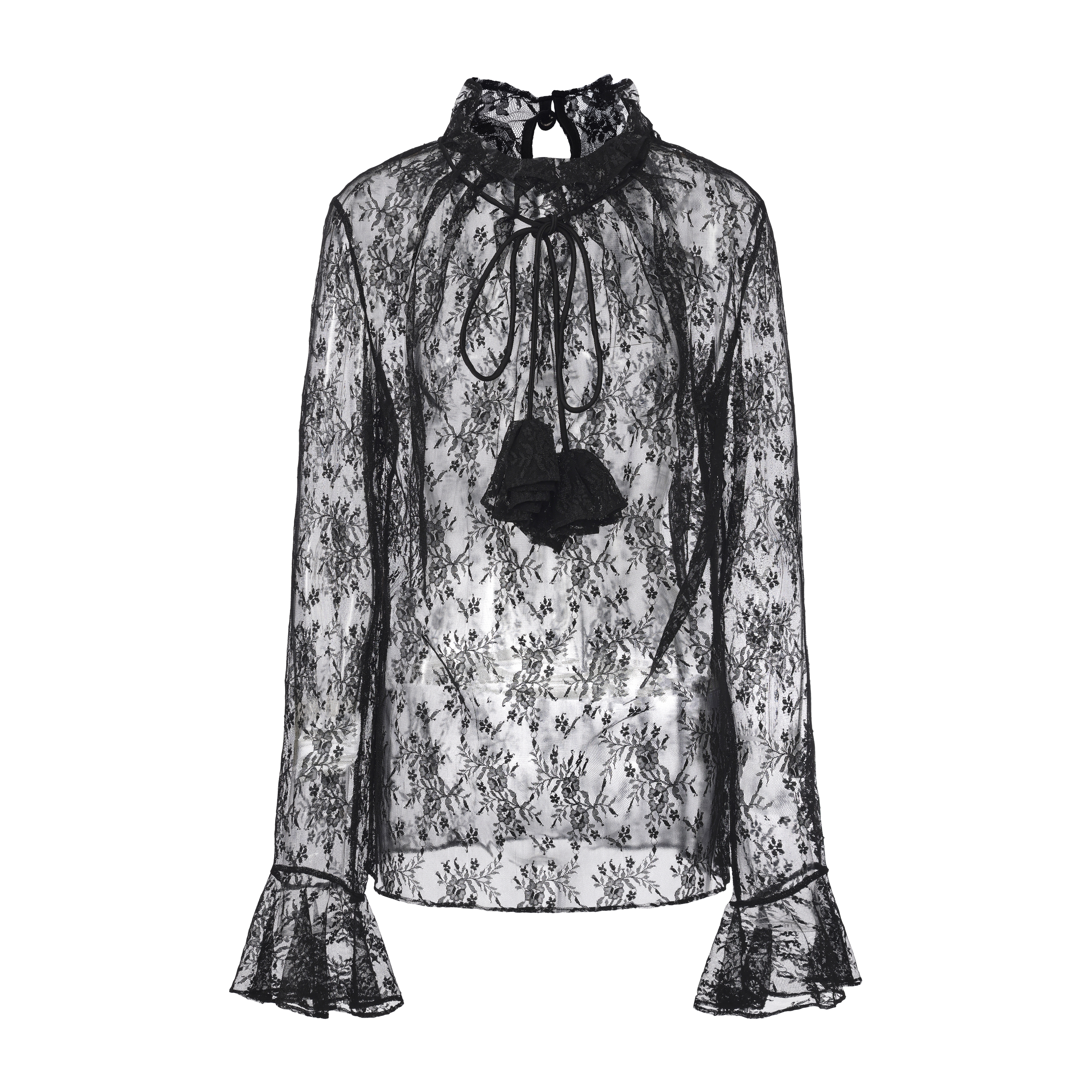 JUNYANG杨君 墨纱栖影蕾丝褶皱上衣