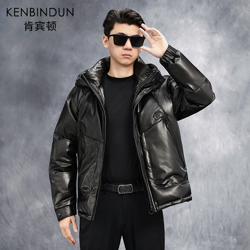 KENBINDUN/肯宾顿6929真皮鹅绒羽绒服男士牛皮短款外套连帽保暖冬