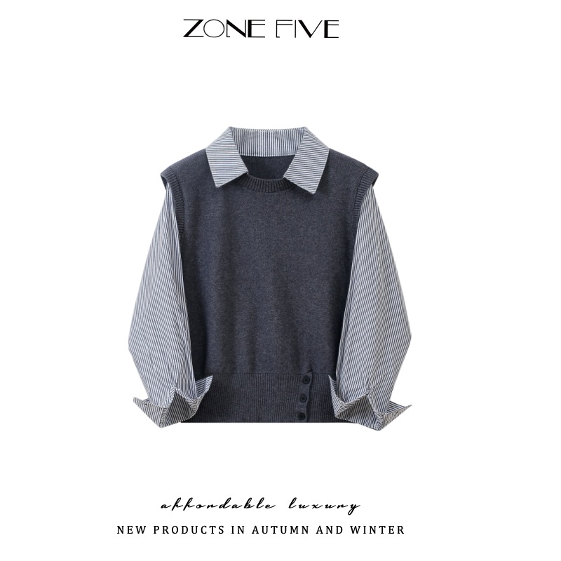 【zonefive】高级感气质洋气拼接衬衫假两件学院风休闲秋冬打底衫