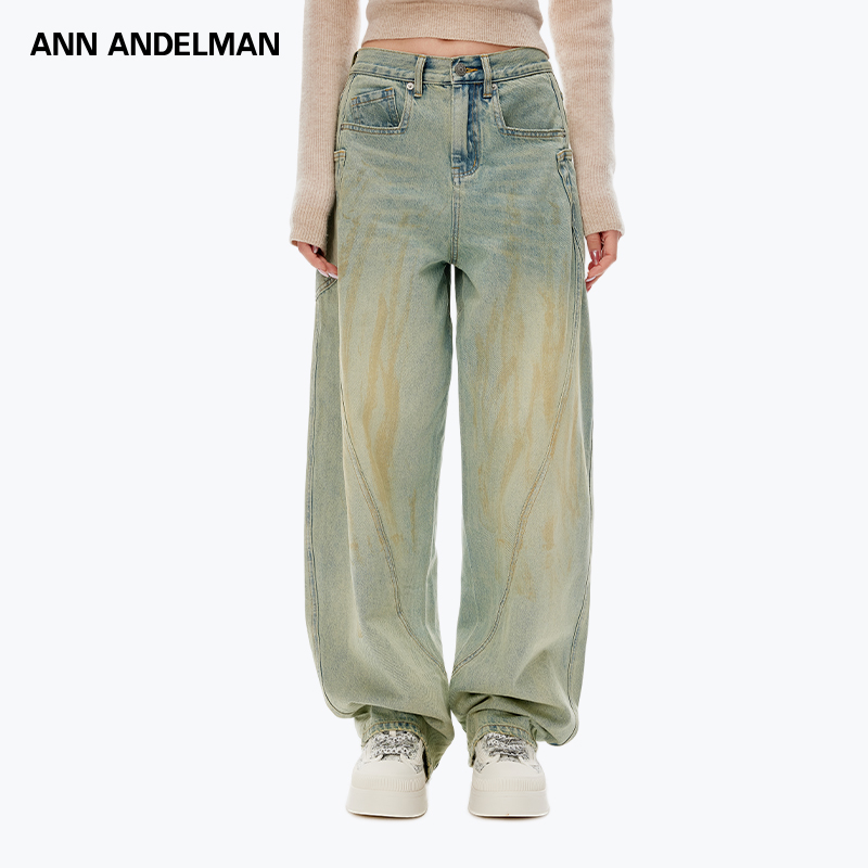 【明星同款】ANN ANDELMAN 水洗做旧弯刀牛仔裤新款女阔腿宽松